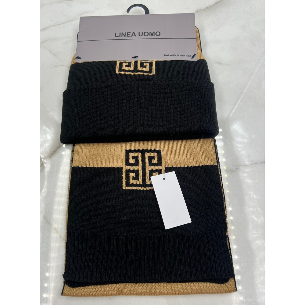 Linea Uomo Scarf & Hat Set Men's One Size Black Camel Tan Greek Key Beanie NWT